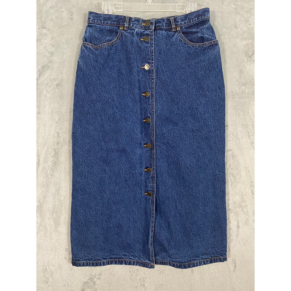 Eddie Bauer Skirt 10P Blue Flannel Lined Denim Midi Button Front VTG Cabincore